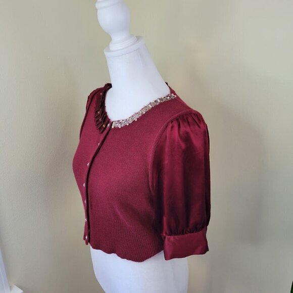 Suki Cashmere Angora Blend Silk Sleeve Short Sweater Ribbon Sparkle Detail SZ S - Picture 3 of 14